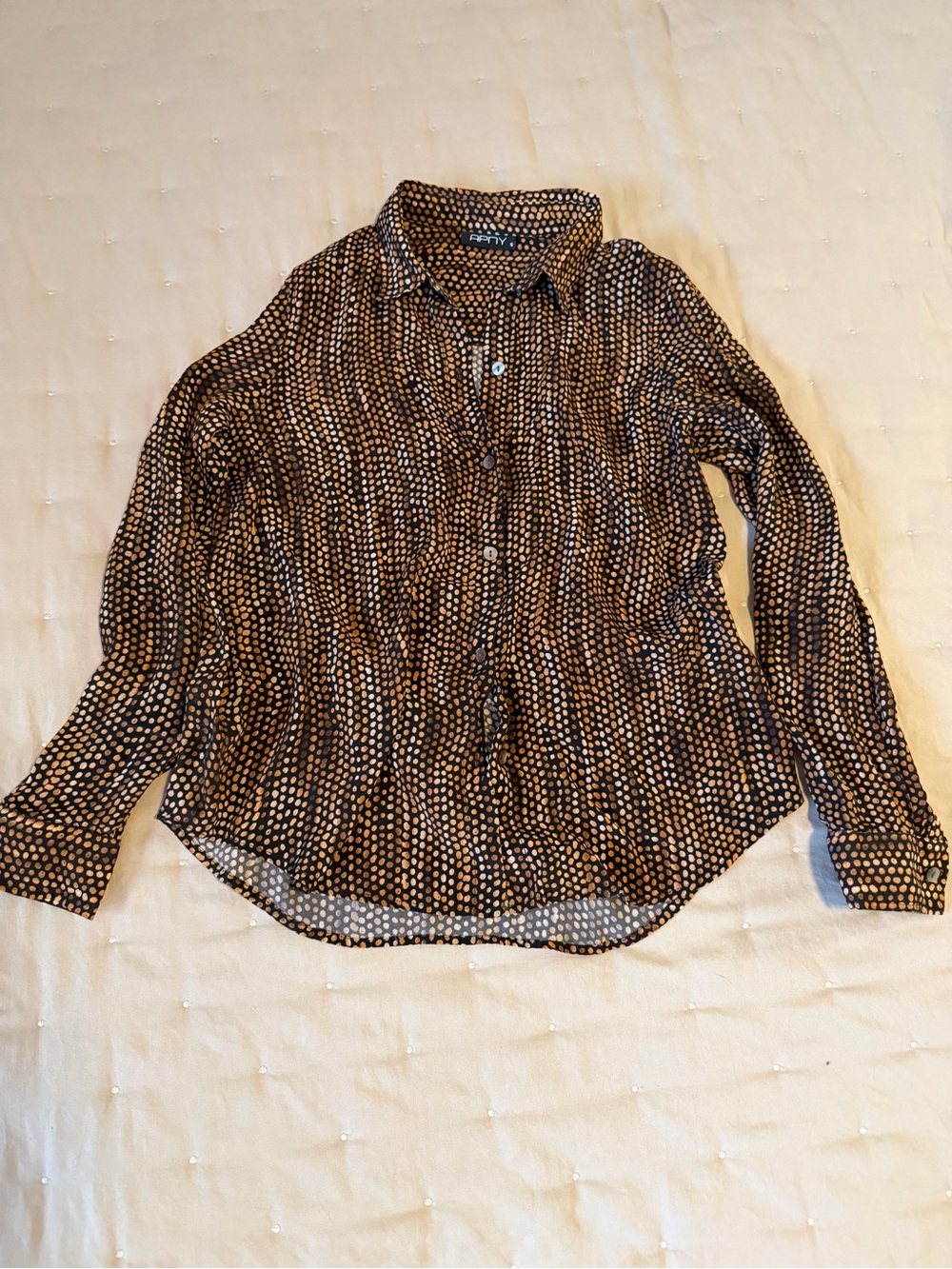 APNY Black & Camel Polka Dot Button Down Blouse Size Small